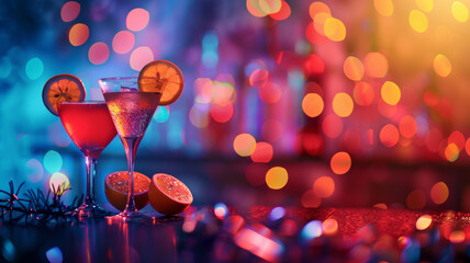 Cocktails on a bar counter with bokeh lights and blur background. Copy space. Tropical beverage. Holidays, celebration, nightclub, bar, celebrate. - 768989600