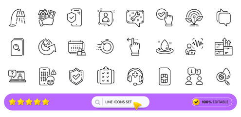 Spanner, Rule and Voice wave line icons for web app. Pack of Wholesale goods, Phone insurance, Checkbox pictogram icons. Fast recovery, Confirmed, Delivery signs. Search files. Search bar. Vector