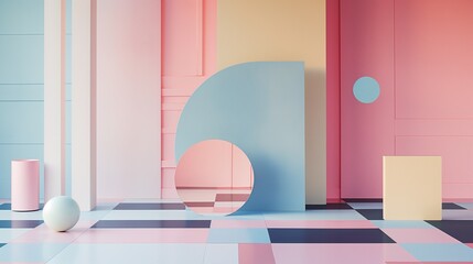 Soft pastel tones converging seamlessly on a polished, minimalistic canvas, adorned with refined geometric shapes, creating a visually captivating scene captured in HD.