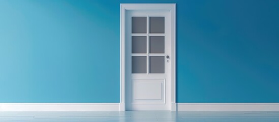 of a white isolated wooden door with three glass panes on a blue background.