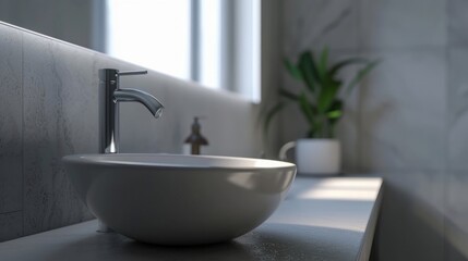 Fototapeta premium Modern bathroom. Close-up faucet and white basin with flower