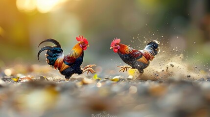 Colorful hens pecking in the dusty farmyard, creating a picturesque and serene rural scene