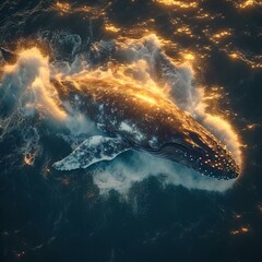 Majestic whale gliding through sunlit waters. ocean wildlife scene. aerial view of marine life. nature photography style. generative AI