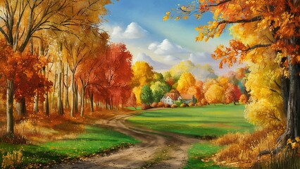 An autumn landscape, with vibrant fall colors, fallen leaves