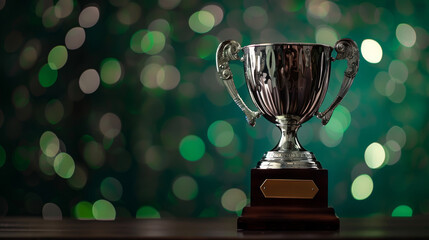 A silver trophy on a wooden base against a bokeh light background.