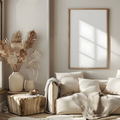 Mock up frame in cozy home interior background, 3d render.