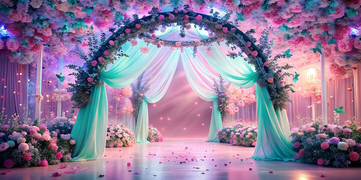 gala hall, flowers arch, wedding concept,  magical atmosphere, pink-blue colors