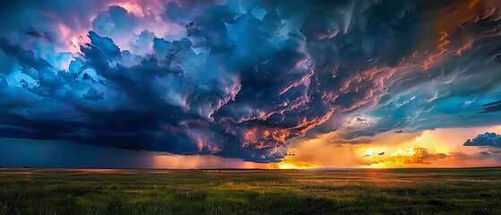 A dramatic thunderstorm rolling in over the plains, with the colors of the sky forming a splendid gradient of dark blues and grays, captured in high-definition to showcase its mesmerizing vibrancy. - obrazy, fototapety, plakaty