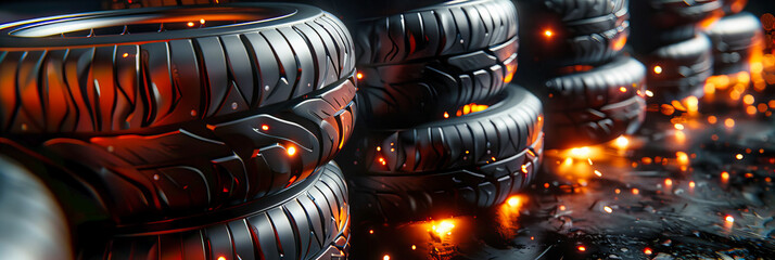 Black Rubber Tire Stack, New Automobile Tires for Safety and Speed, Transportation Concept