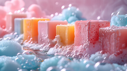 A vibrant selection of pastel-colored soaps immersed in a sea of bubbles and foam, evoking a sense of freshness and cleanliness - obrazy, fototapety, plakaty