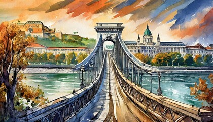 city chain bridge,A city's chain bridge, often an iconic landmark, combines the elegance of design with the functionality of transportation.  - obrazy, fototapety, plakaty