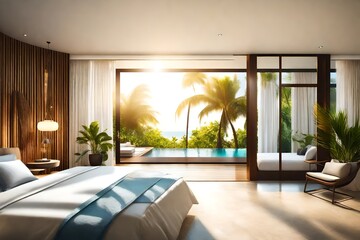Luxurious bedroom opening to a sunny poolside. Modern design interior of bedroom hotel.