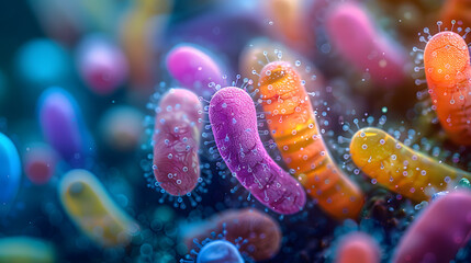 Fototapeta premium Digital artwork depicting vibrant, diverse microbial organisms in a surreal, aquatic-like environment
