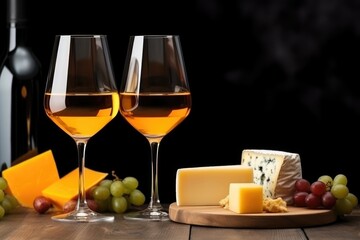 Naklejka premium Two glasses of amber wine with assorted cheeses and grapes on a wooden board.