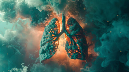 human lungs are made up of smoke, the harm of smoking from cigarettes, the orange glow of the disease - obrazy, fototapety, plakaty