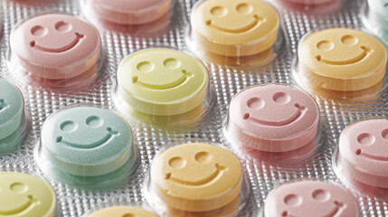 pill tab packaging, the pills are colored smiley face circle pills - obrazy, fototapety, plakaty