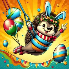 hedgehog with a bungee Easter Funny animal illustration