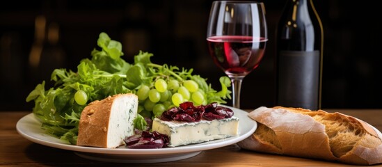 A spread of delicious food on a table, paired with a glass of fine wine in an elegant stemware. The ingredients and recipe carefully chosen to complement each other