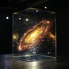 A large glass box containing a hologram of a galaxy, showcasing stars, planets, and nebulae in vivid detail