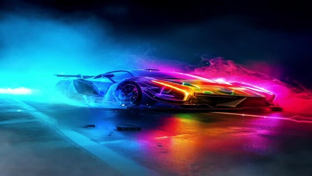The colorful metal body of a smooth sports car emits colorful exhaust smoke on a plain black background, adding a modern touch
