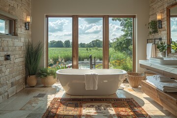 Sleek modern bathroom featuring wooden elements and panoramic garden vistas