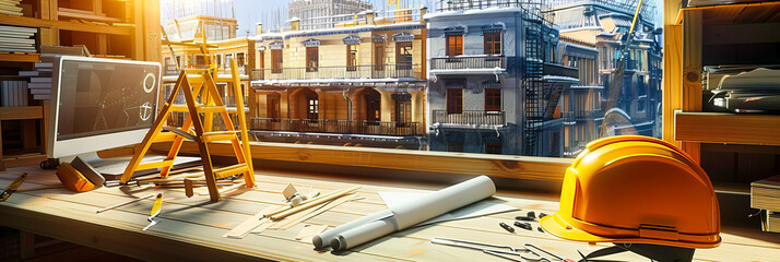 Blueprint and Construction Site Overview, Architectural Planning and Development in Progress