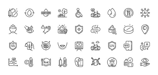 Fototapeta na wymiar Uv protection, Vaccine announcement and Thermometer line icons pack. AI, Question and Answer, Map pin icons. Ph neutral, Use gloves, Bike web icon. Calories, Oil drop, Medical tablet pictogram. Vector