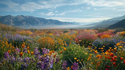 Fototapeta premium Wildflower Bloom in Mountain Valley at Sunrise