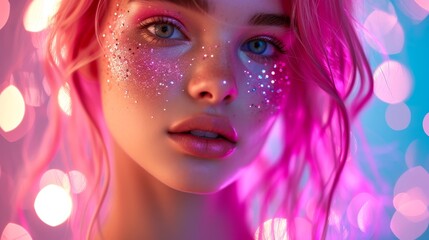 Obraz premium A beautiful woman with sparkling glitter on cheeks and vibrant pink hair against a bokeh backdrop.
