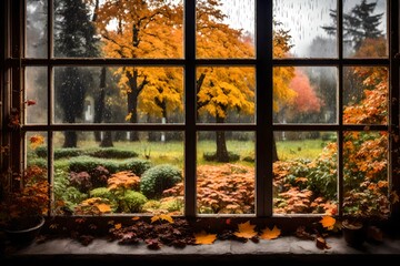A window with a view of rainy autumn garden 