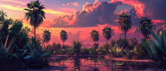 A desert oasis with palm trees and lush vegetation, against a backdrop of a splendid gradient of colors in the sky, captured in high-definition to showcase its mesmerizing vibrancy. - obrazy, fototapety, plakaty
