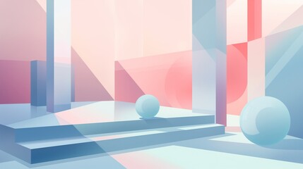 Subtle pastel gradients dancing harmoniously on a sleek, minimalistic stage, enhanced by refined geometric shapes, creating a stunning visual masterpiece captured in HD.