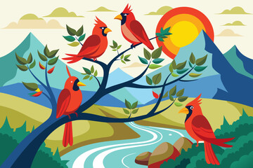  a group of colorful Cardinal... bird sits on a branch of a tree, sun, mountains ,river, behind   Guava tree with forest