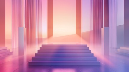 Subtle pastel gradients dancing harmoniously on a sleek, minimalistic stage, enhanced by refined geometric shapes, creating a stunning visual masterpiece captured in HD.