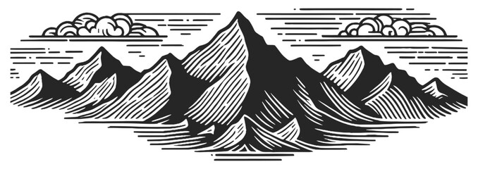 majestic mountain landscape with a dense pine forest in the foreground sketch engraving generative ai fictional character vector illustration. Scratch board imitation. Black and white image.
