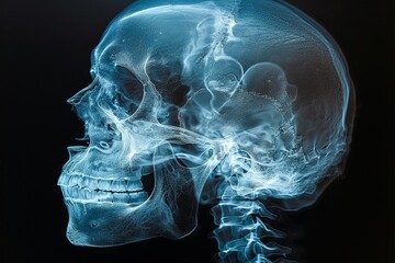 Striking x-ray showcases human skull with blue hues on black - obrazy, fototapety, plakaty