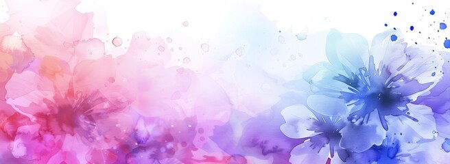 watercolor floral background, color splashes, white space in the center of composition, purple and blue colors, pink and violet tones, white background Generative AI