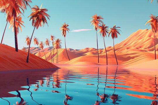 a body of water with palm trees and mountains