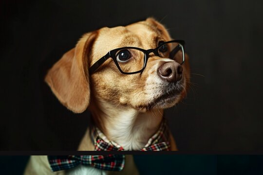 a dog wearing glasses and a bow tie