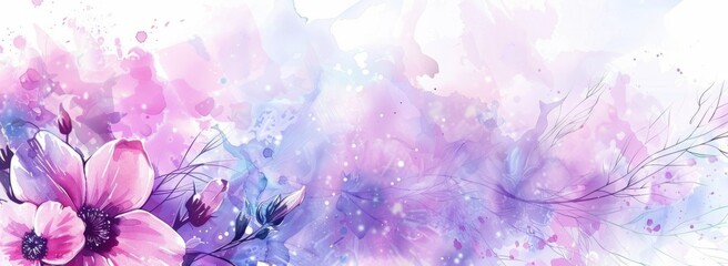 watercolor floral background, color splashes, white space in the center of composition, purple and blue colors, pink and violet tones, white background Generative AI