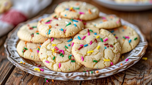 Professional food photography of frosted sugar cookies with colorful sprinkles for enticing visuals