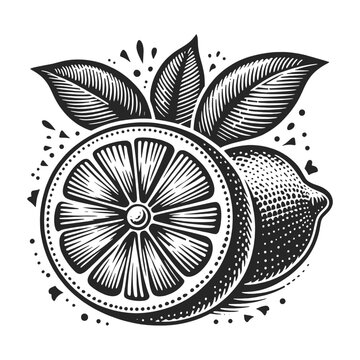 lemon citrus fruit, lemon slice, and leaves sketch engraving generative ai fictional character vector illustration. Scratch board imitation. Black and white image.