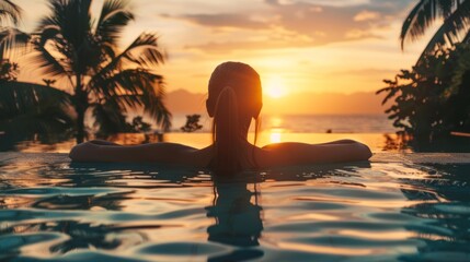 Serene young woman embracing sunset bliss at tropical resort pool, summer vacation relaxation - obrazy, fototapety, plakaty