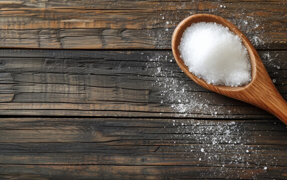 Natural sweetener in a wooden spoon. Sugar substitute erythritol on dark wood background.