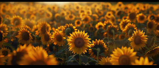 A field of sunflowers stretching as far as the eye can see, with the colors shifting from bright yellows to deep oranges, forming a splendid gradient captured in high-definition. - obrazy, fototapety, plakaty