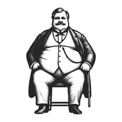 Fototapeta premium Cheerful Portly Fat overweight Gentleman sketch engraving generative ai fictional character vector illustration. Scratch board imitation. Black and white image.