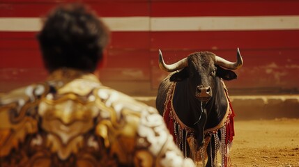 A matador in an intense standoff with a bull in the arena, under the play of shadows and sunlight.