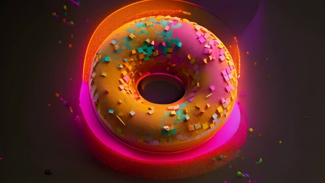 Donut expressive shot with topping and sugar powder splash. Tasty donut food styling image