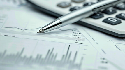 A calculator and pen rest on a document with financial graphs.