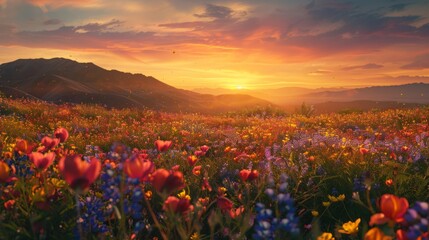 Vibrant Field of Colorful Flowers Under Cloudy Sky